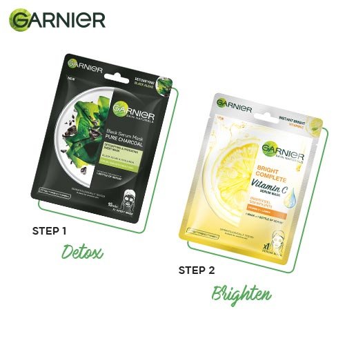 Garnier Sheet Mask Combo Pack of 3 - 1 Bright Complete + 1 Sakura White + 1 Charcoal